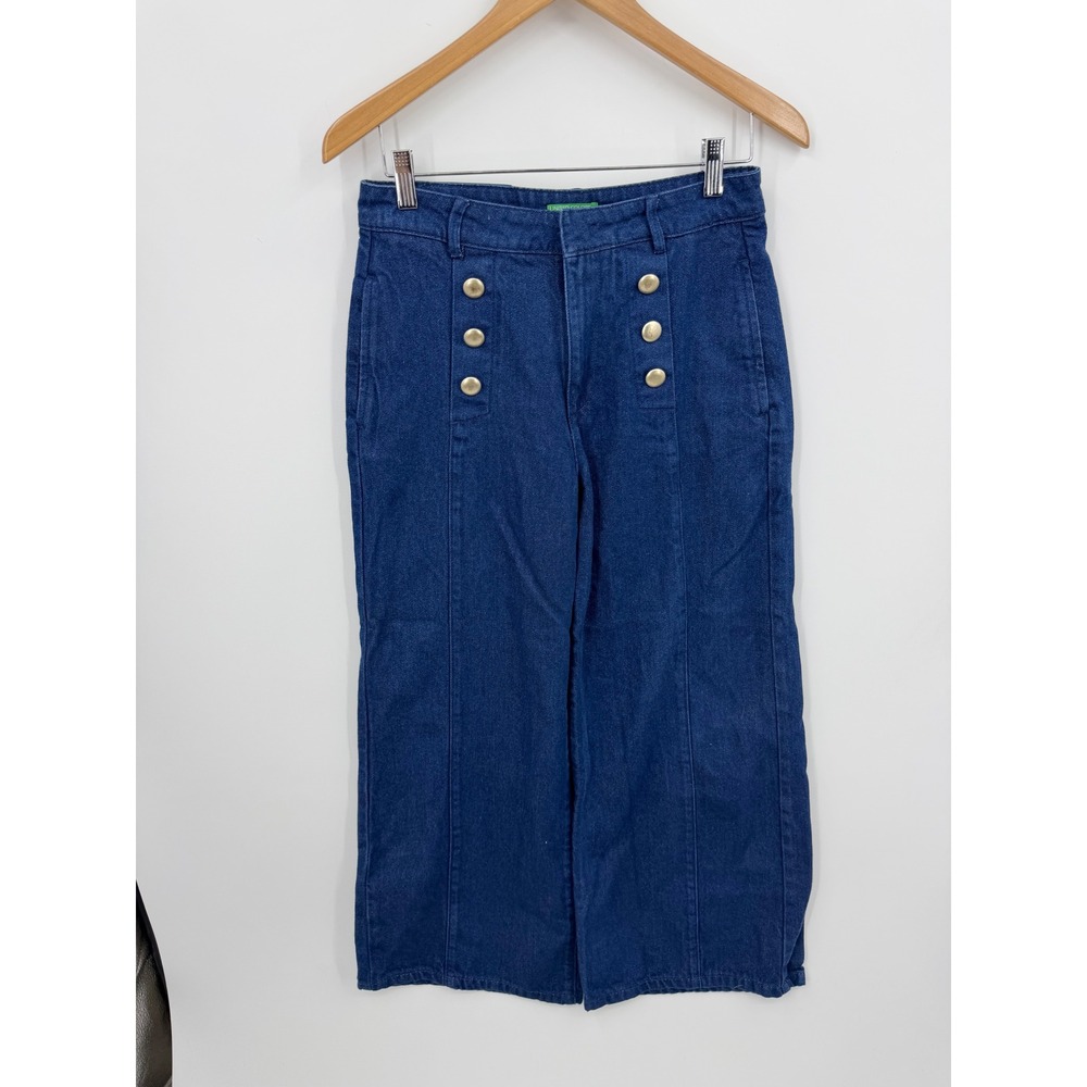 United Colors of Benetton Sailor Jeans Women 27 Blue Gold Button Wide Leg Crop